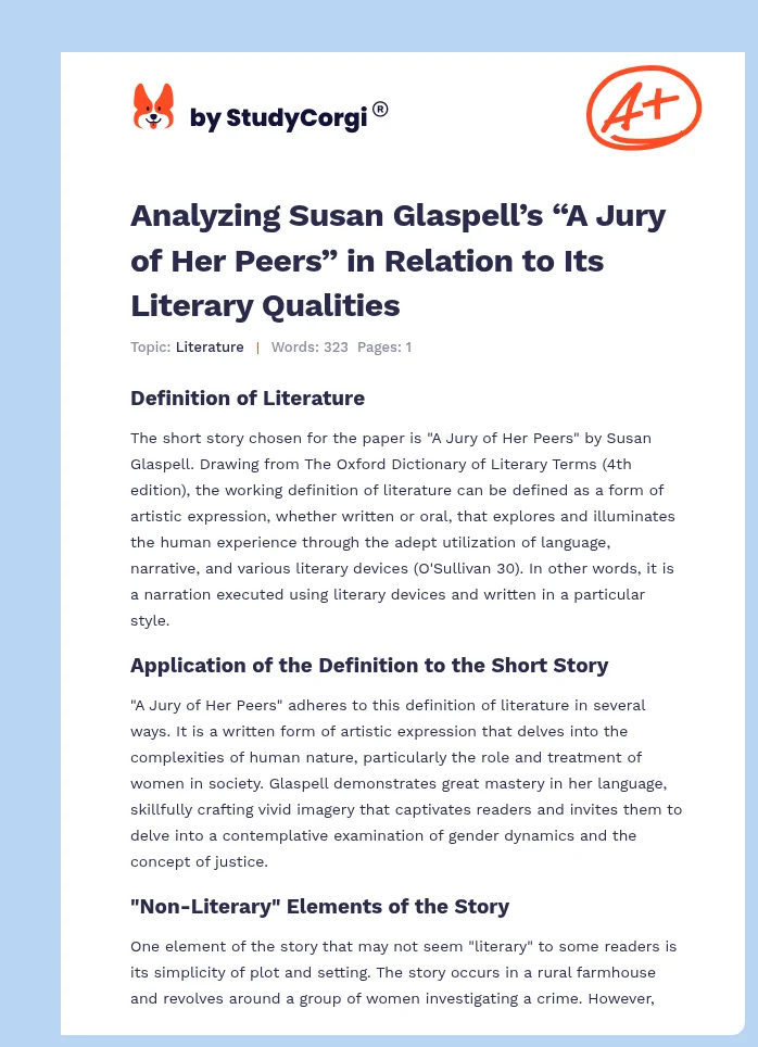 Analyzing Susan Glaspell’s “A Jury of Her Peers” in Relation to Its Literary Qualities. Page 1