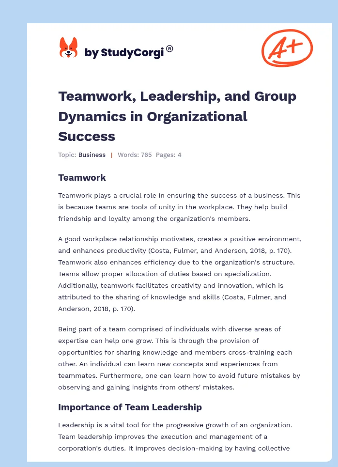 Teamwork, Leadership, and Group Dynamics in Organizational Success. Page 1