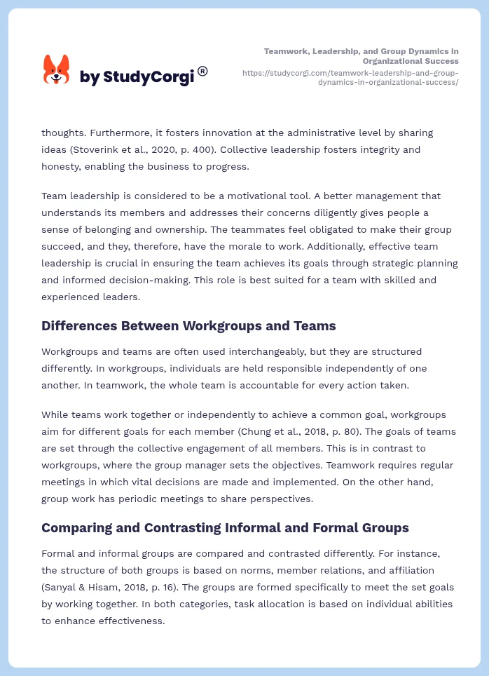 Teamwork, Leadership, and Group Dynamics in Organizational Success. Page 2