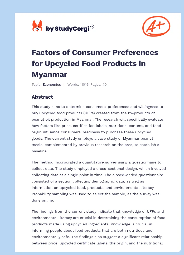 Factors of Consumer Preferences for Upcycled Food Products in Myanmar. Page 1