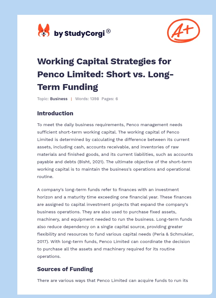 Working Capital Strategies for Penco Limited: Short vs. Long-Term Funding. Page 1