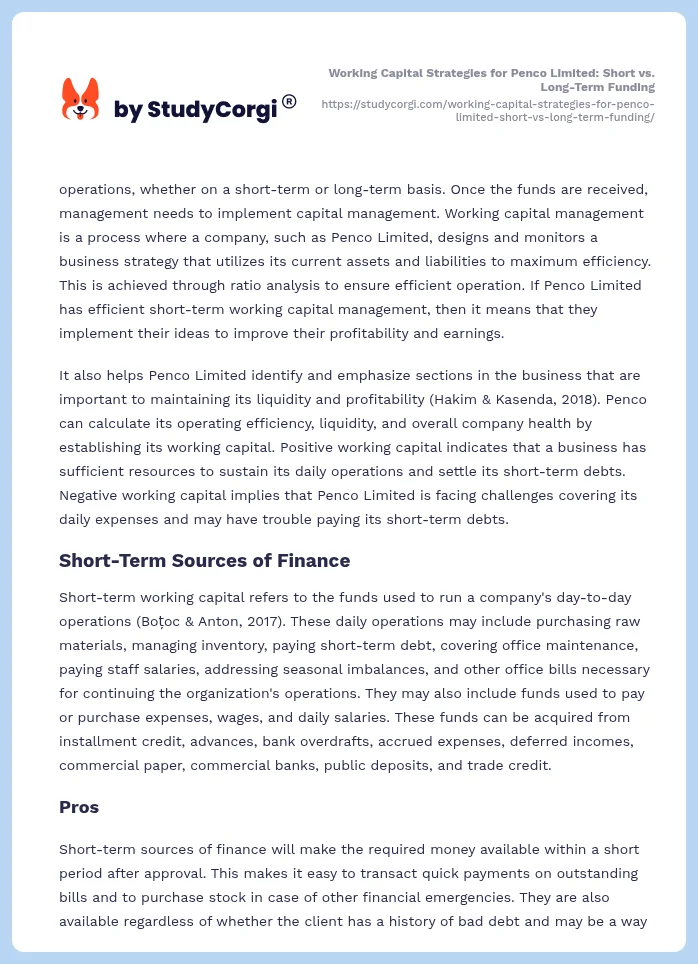 Working Capital Strategies for Penco Limited: Short vs. Long-Term Funding. Page 2