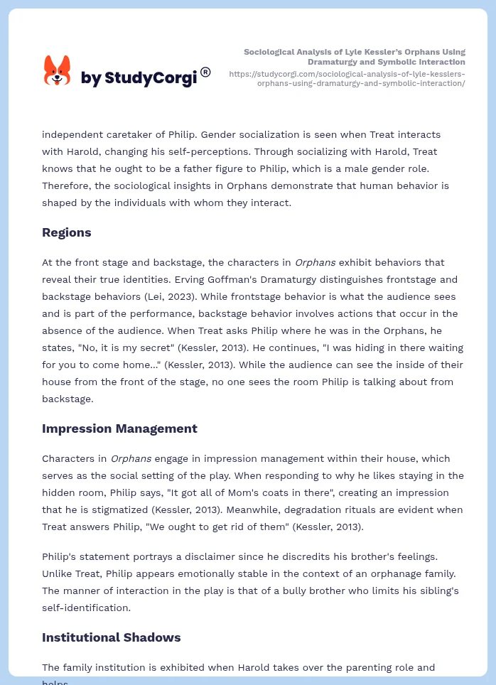 Sociological Analysis of Lyle Kessler’s Orphans Using Dramaturgy and Symbolic Interaction. Page 2
