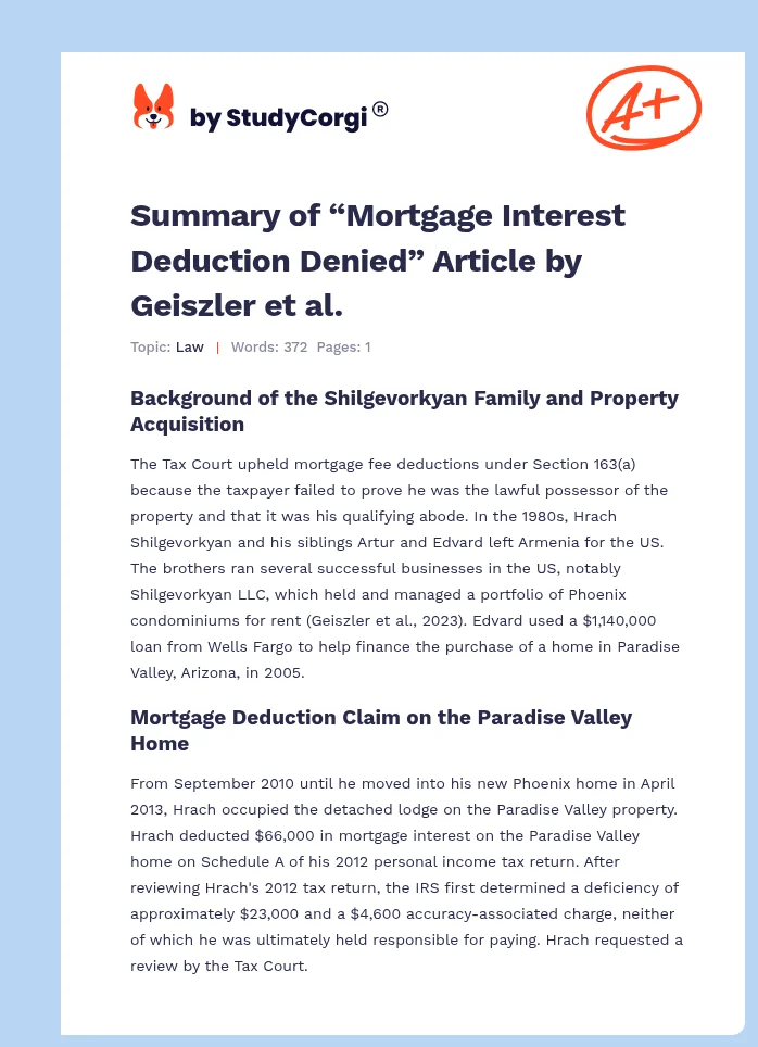 Summary of “Mortgage Interest Deduction Denied” Article by Geiszler et al.. Page 1