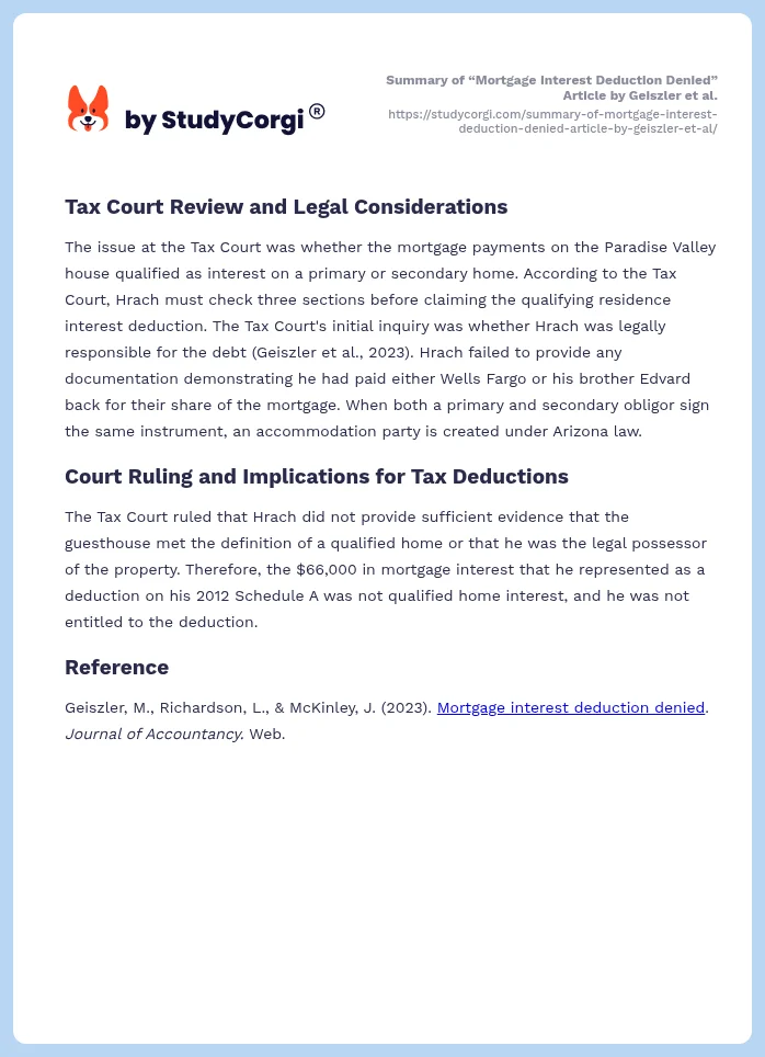 Summary of “Mortgage Interest Deduction Denied” Article by Geiszler et al.. Page 2