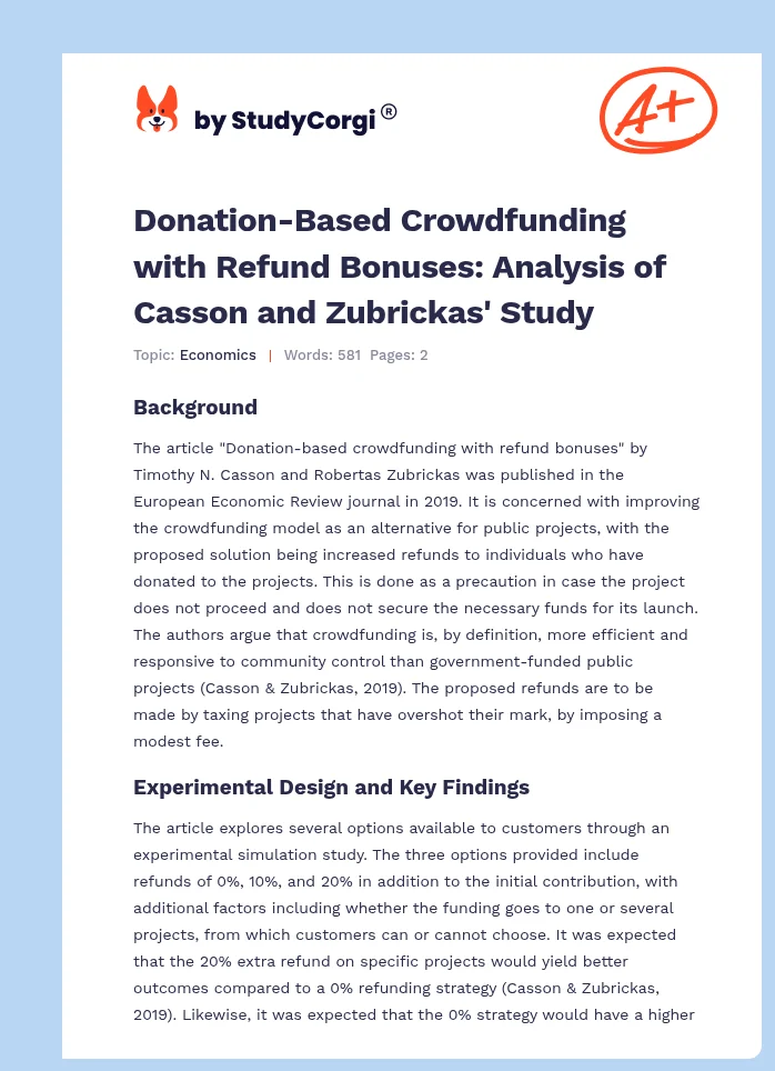 Donation-Based Crowdfunding with Refund Bonuses: Analysis of Casson and Zubrickas' Study. Page 1