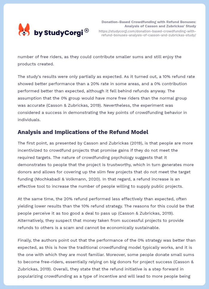 Donation-Based Crowdfunding with Refund Bonuses: Analysis of Casson and Zubrickas' Study. Page 2