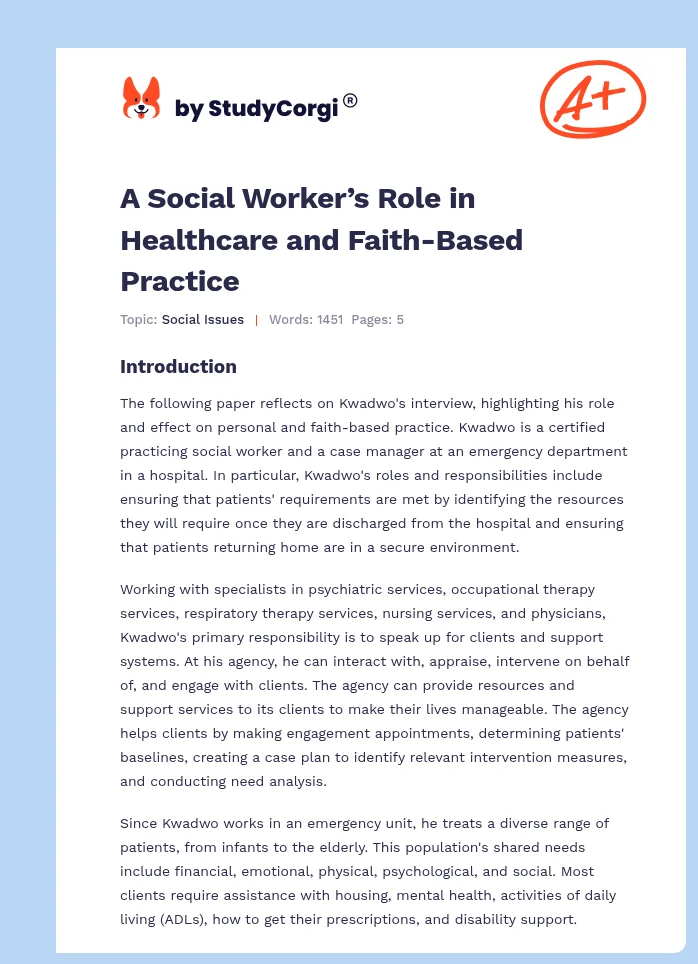 A Social Worker’s Role in Healthcare and Faith-Based Practice. Page 1