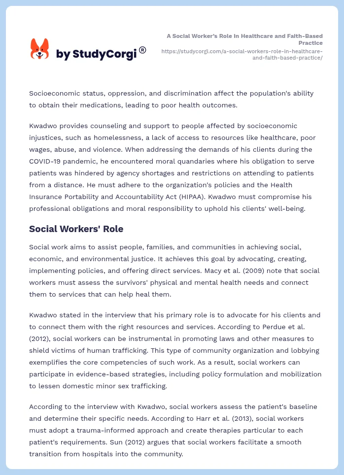 A Social Worker’s Role in Healthcare and Faith-Based Practice. Page 2