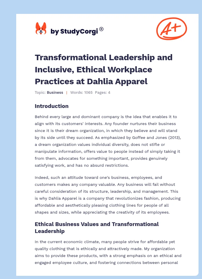 Transformational Leadership and Inclusive, Ethical Workplace Practices at Dahlia Apparel. Page 1