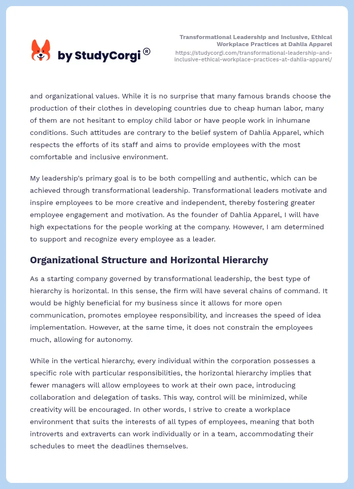 Transformational Leadership and Inclusive, Ethical Workplace Practices at Dahlia Apparel. Page 2