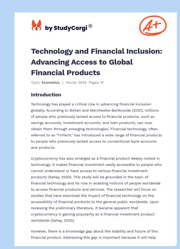 Technology and Financial Inclusion: Advancing Access to Global Financial Products. Page 1
