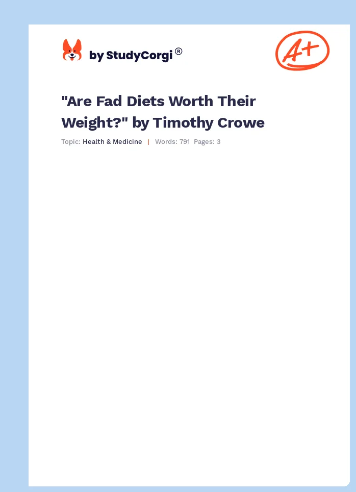 "Are Fad Diets Worth Their Weight?" by Timothy Crowe. Page 1