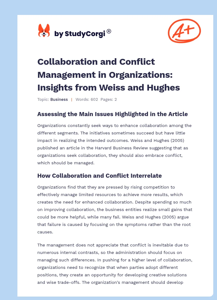 Collaboration and Conflict Management in Organizations: Insights from Weiss and Hughes. Page 1
