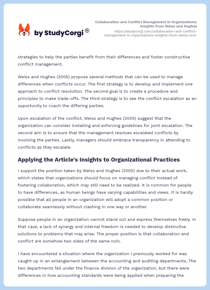 Collaboration and Conflict Management in Organizations: Insights from Weiss and Hughes. Page 2