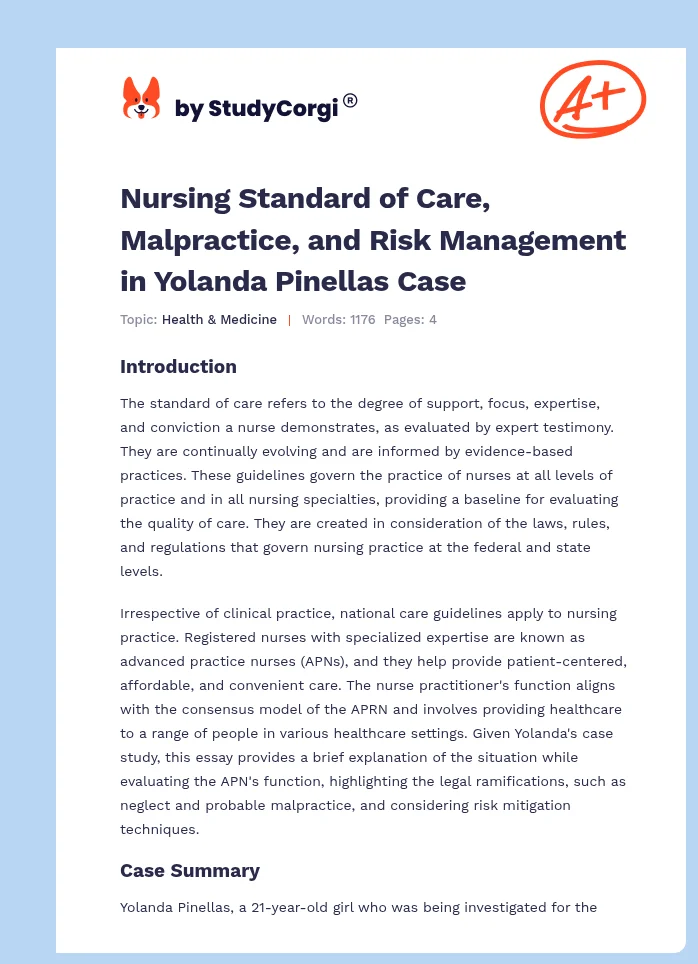 Nursing Standard of Care, Malpractice, and Risk Management in Yolanda Pinellas Case. Page 1
