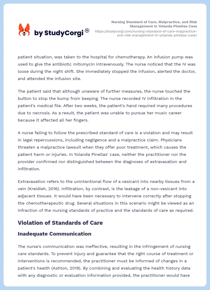 Nursing Standard of Care, Malpractice, and Risk Management in Yolanda Pinellas Case. Page 2