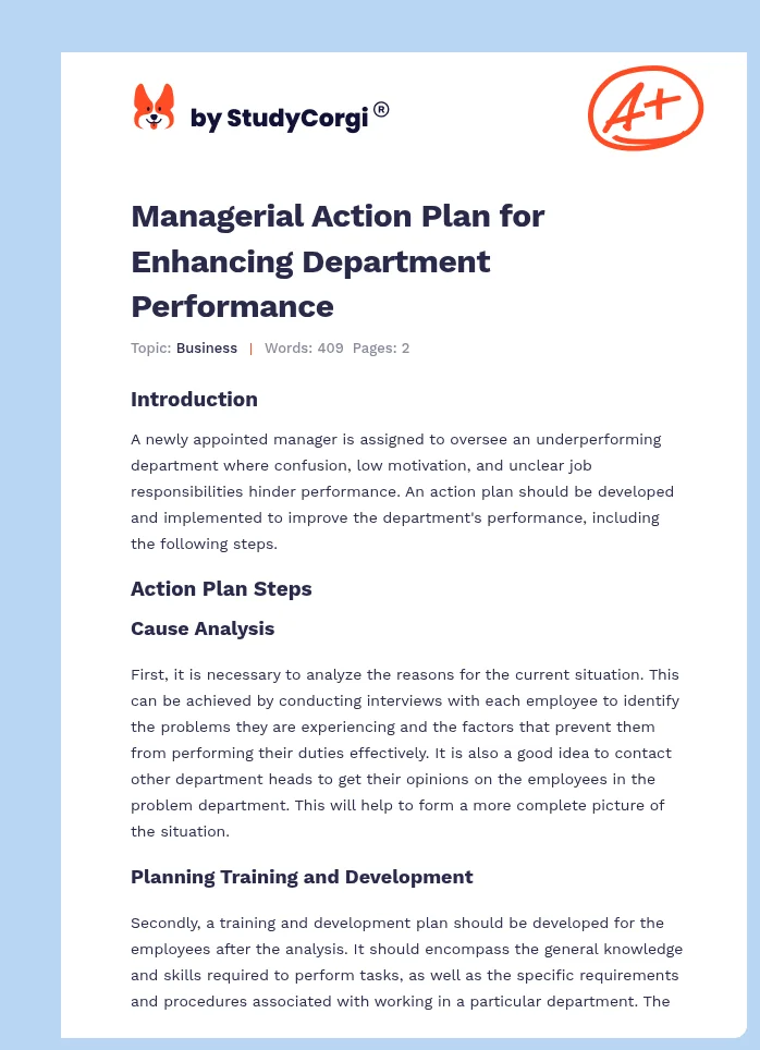 Managerial Action Plan for Enhancing Department Performance. Page 1