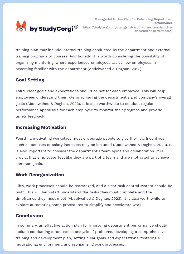 Managerial Action Plan for Enhancing Department Performance. Page 2