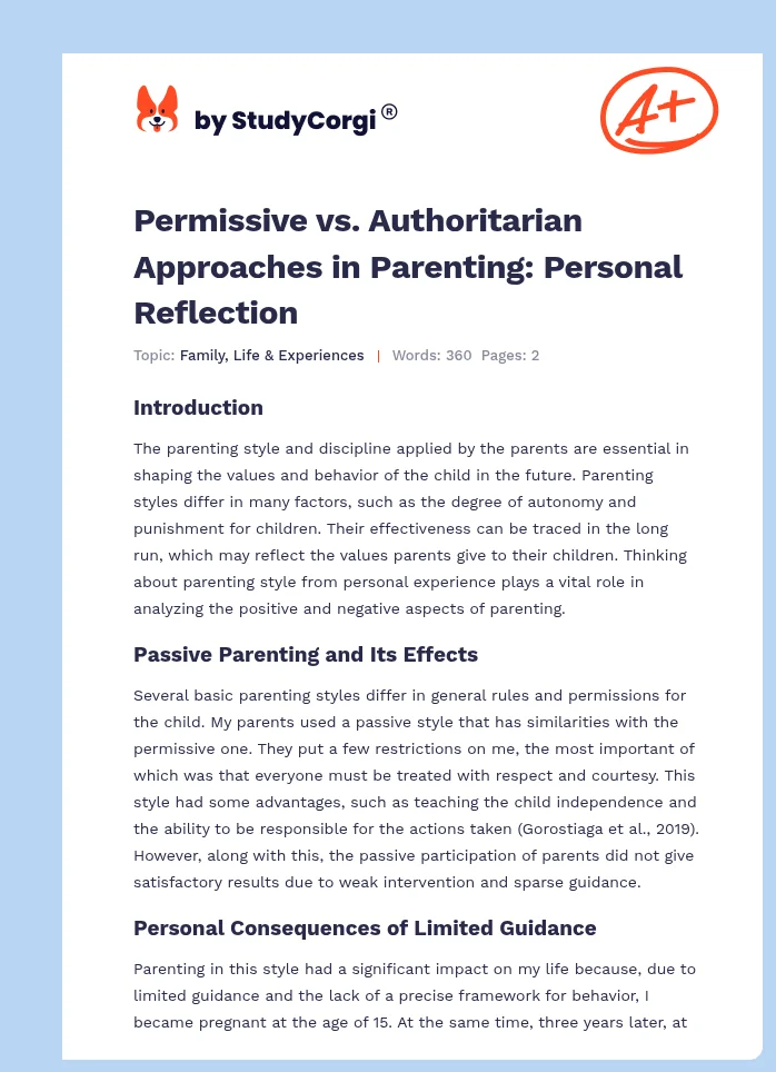 Permissive vs. Authoritarian Approaches in Parenting: Personal Reflection. Page 1