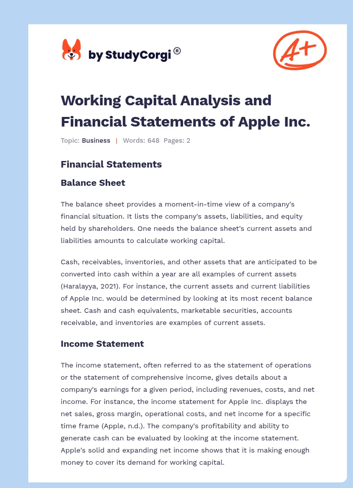 Working Capital Analysis and Financial Statements of Apple Inc.. Page 1