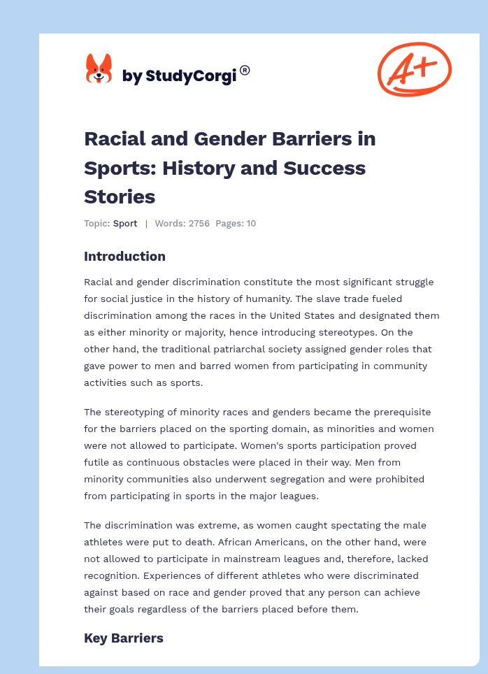 Racial and Gender Barriers in Sports: History and Success Stories. Page 1