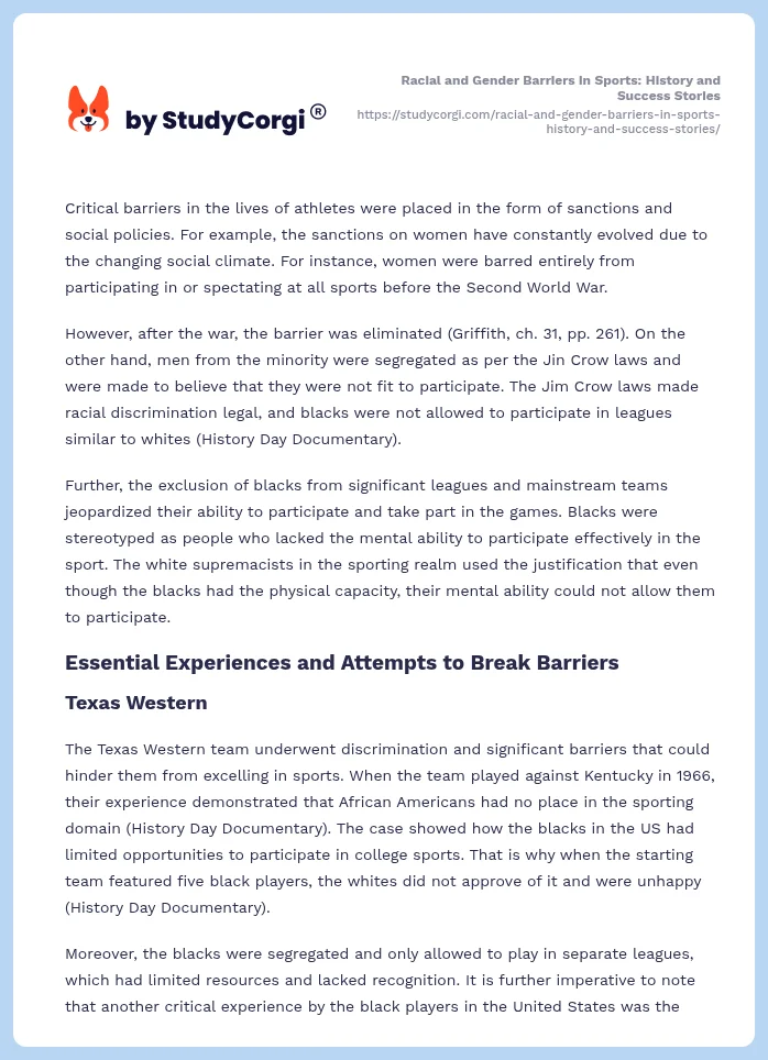 Racial and Gender Barriers in Sports: History and Success Stories. Page 2