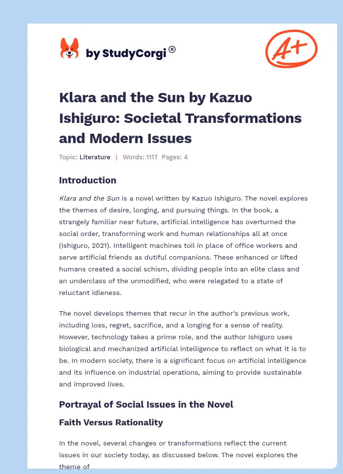 Klara and the Sun by Kazuo Ishiguro: Societal Transformations and Modern Issues. Page 1