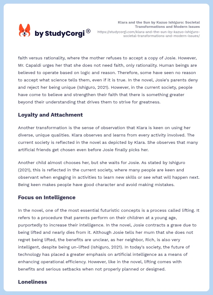 Klara and the Sun by Kazuo Ishiguro: Societal Transformations and Modern Issues. Page 2