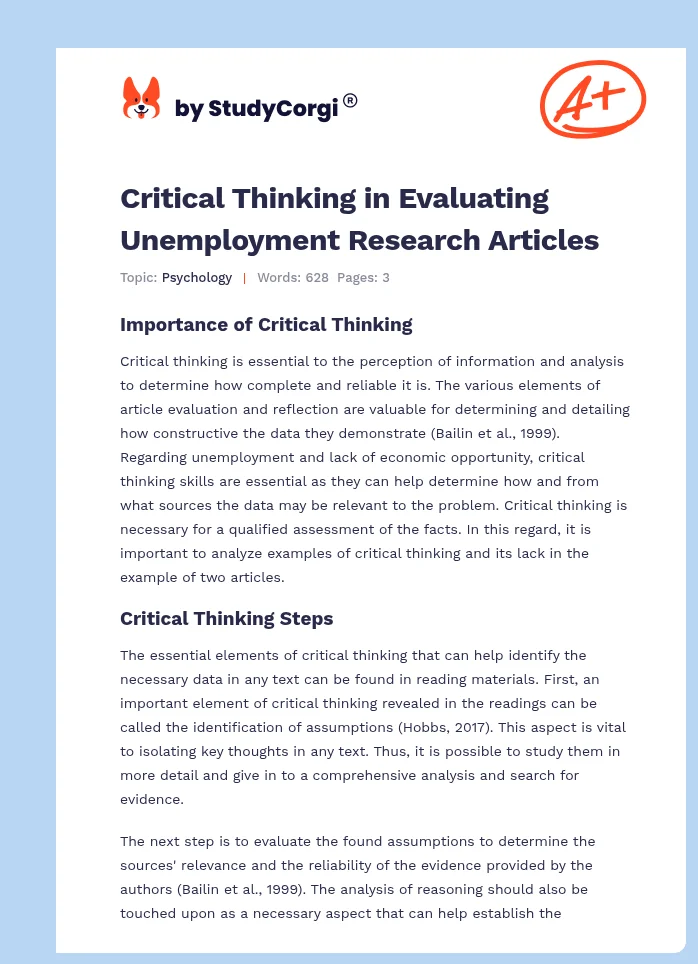 Critical Thinking in Evaluating Unemployment Research Articles. Page 1