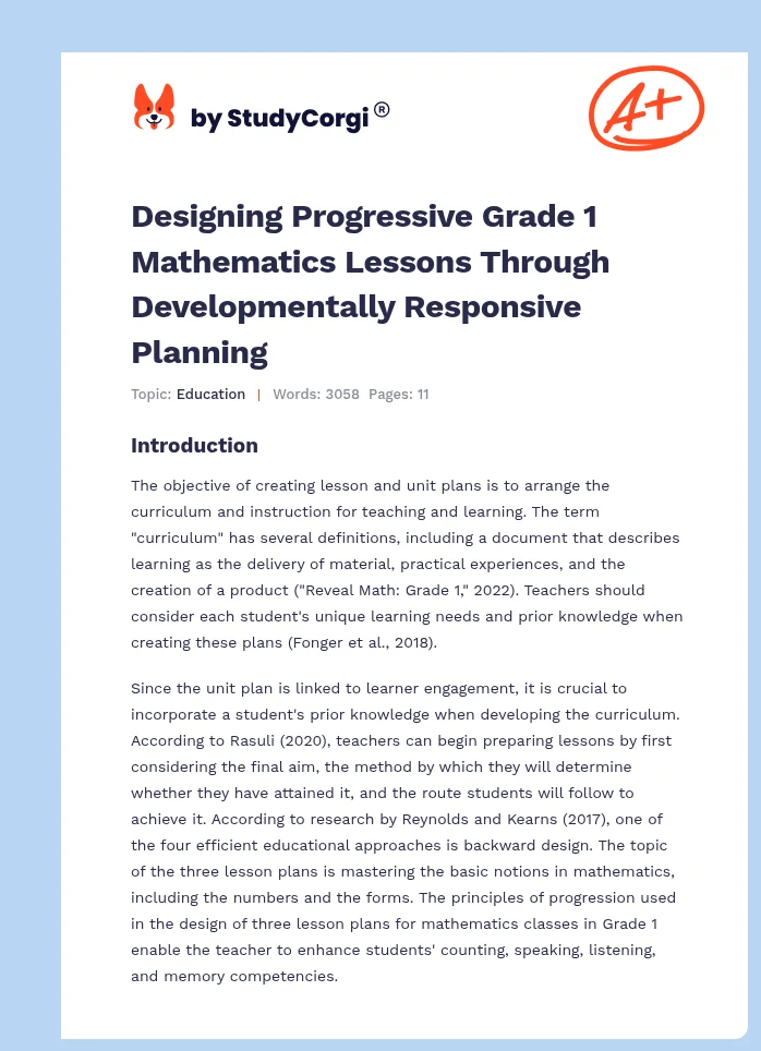 Designing Progressive Grade 1 Mathematics Lessons Through Developmentally Responsive Planning. Page 1