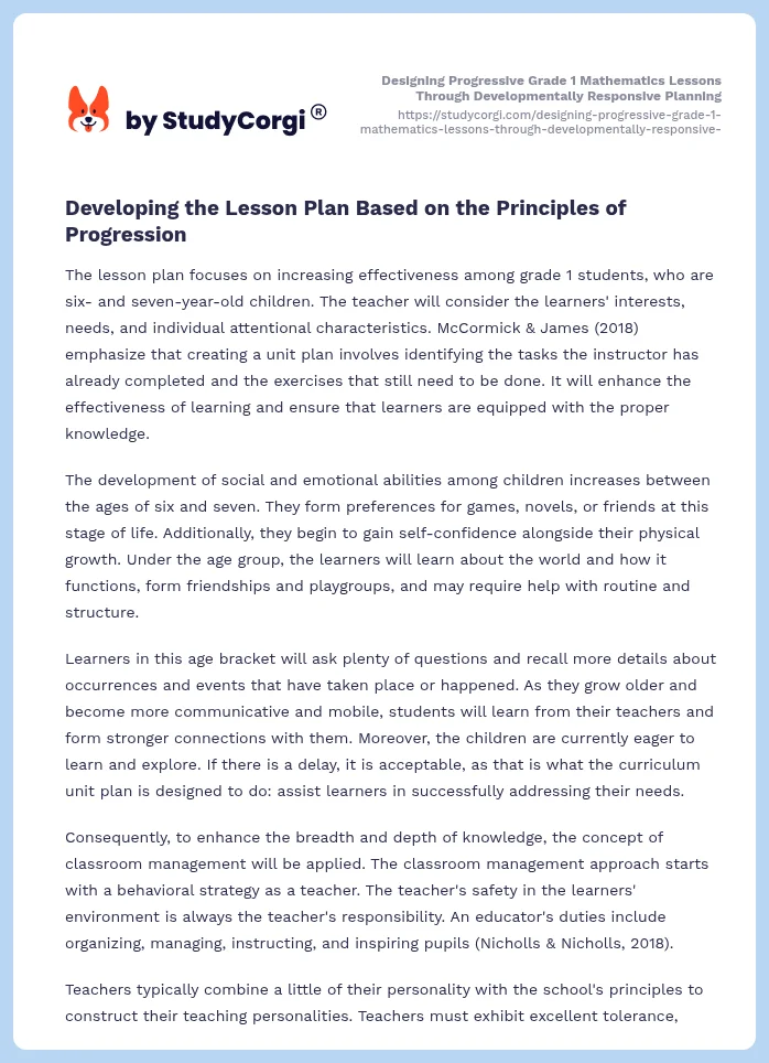 Designing Progressive Grade 1 Mathematics Lessons Through Developmentally Responsive Planning. Page 2