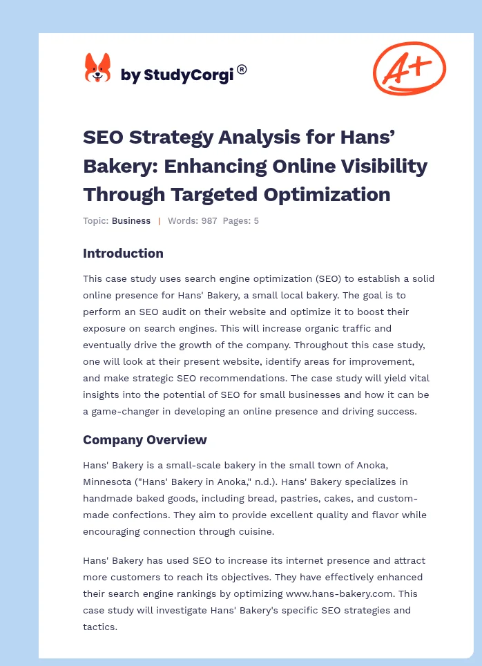 SEO Strategy Analysis for Hans’ Bakery: Enhancing Online Visibility Through Targeted Optimization. Page 1