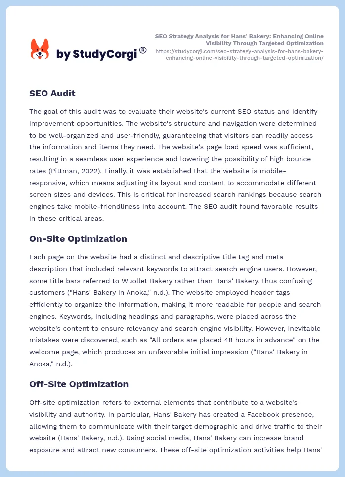 SEO Strategy Analysis for Hans’ Bakery: Enhancing Online Visibility Through Targeted Optimization. Page 2