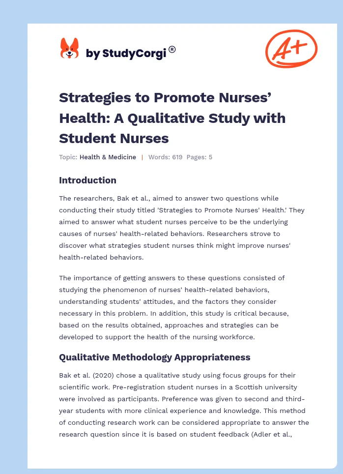 Strategies to Promote Nurses’ Health: A Qualitative Study with Student Nurses. Page 1