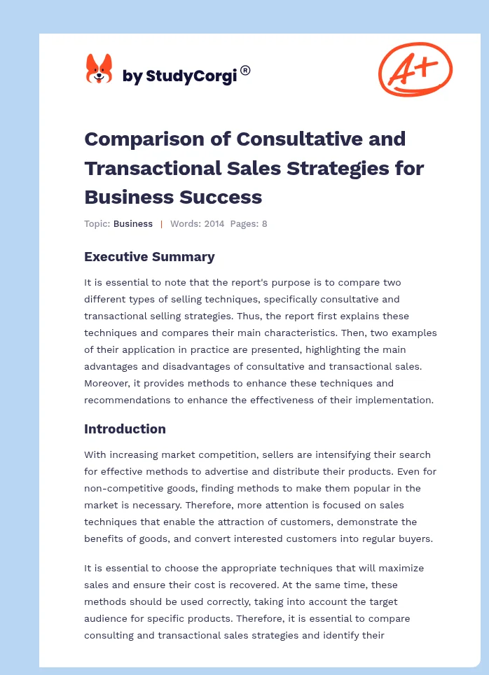 Comparison of Consultative and Transactional Sales Strategies for Business Success. Page 1