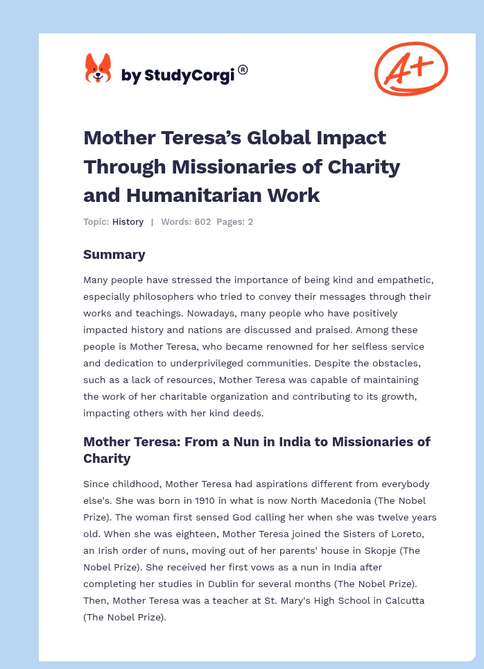 Mother Teresa’s Global Impact Through Missionaries of Charity and Humanitarian Work. Page 1
