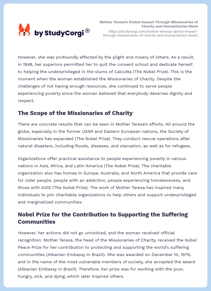 Mother Teresa’s Global Impact Through Missionaries of Charity and Humanitarian Work. Page 2