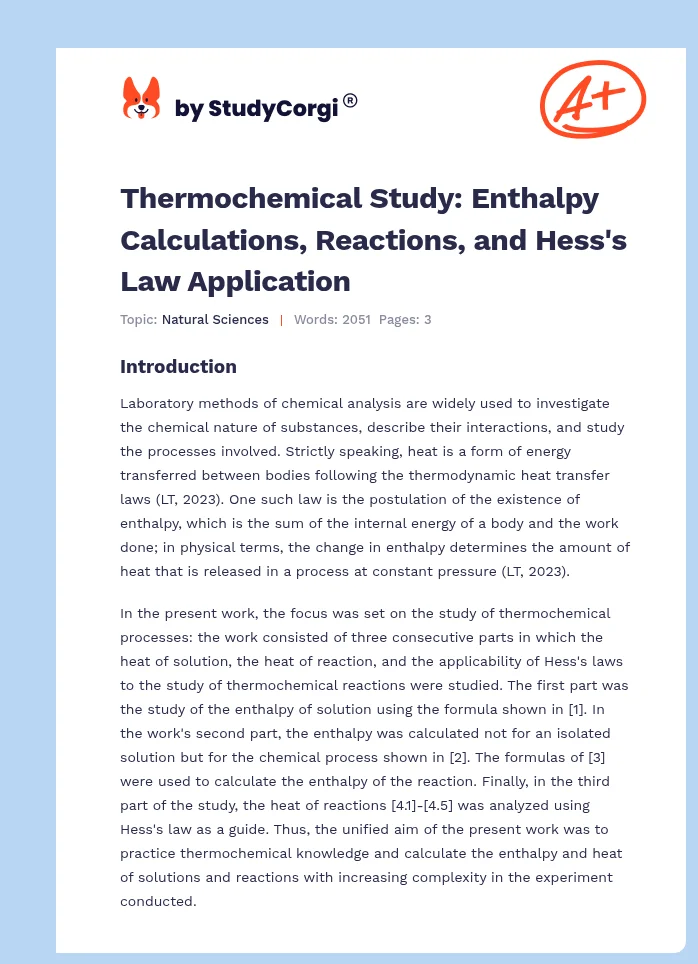 Thermochemical Study: Enthalpy Calculations, Reactions, and Hess's Law Application. Page 1
