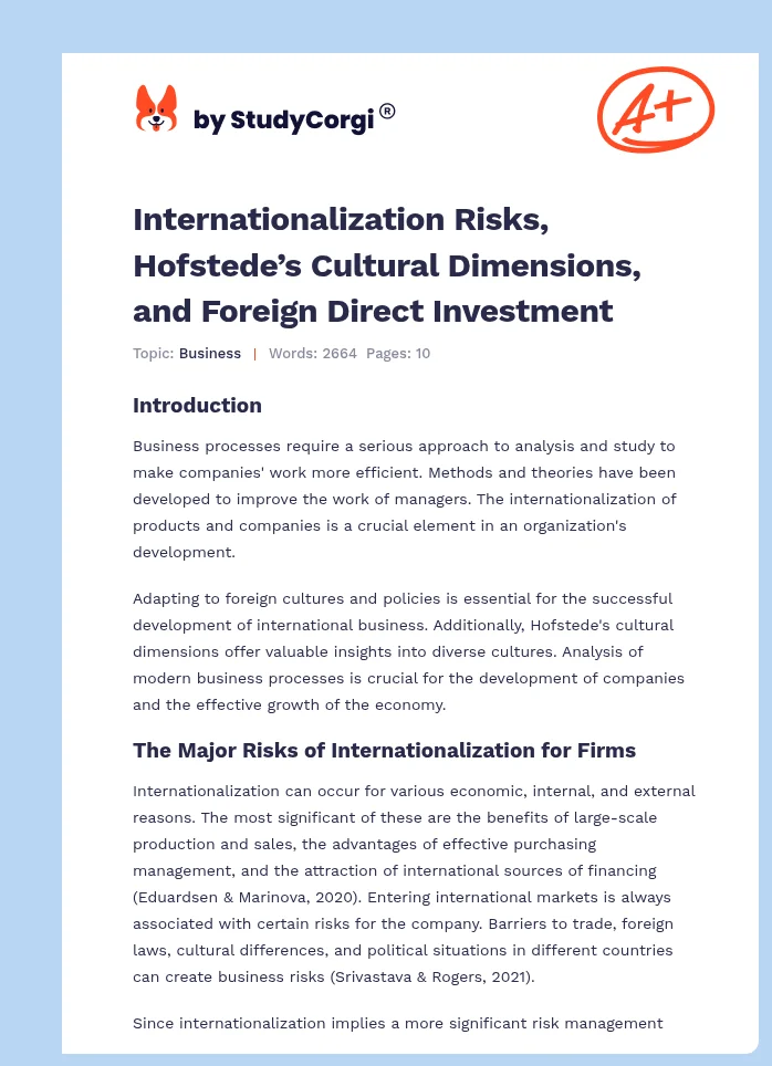 Internationalization Risks, Hofstede’s Cultural Dimensions, and Foreign Direct Investment. Page 1