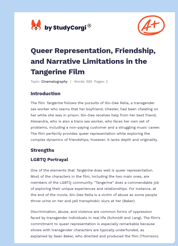 Queer Representation, Friendship, and Narrative Limitations in the Tangerine Film. Page 1