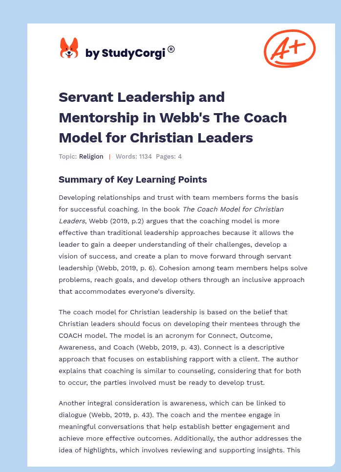 Servant Leadership and Mentorship in Webb's The Coach Model for Christian Leaders. Page 1