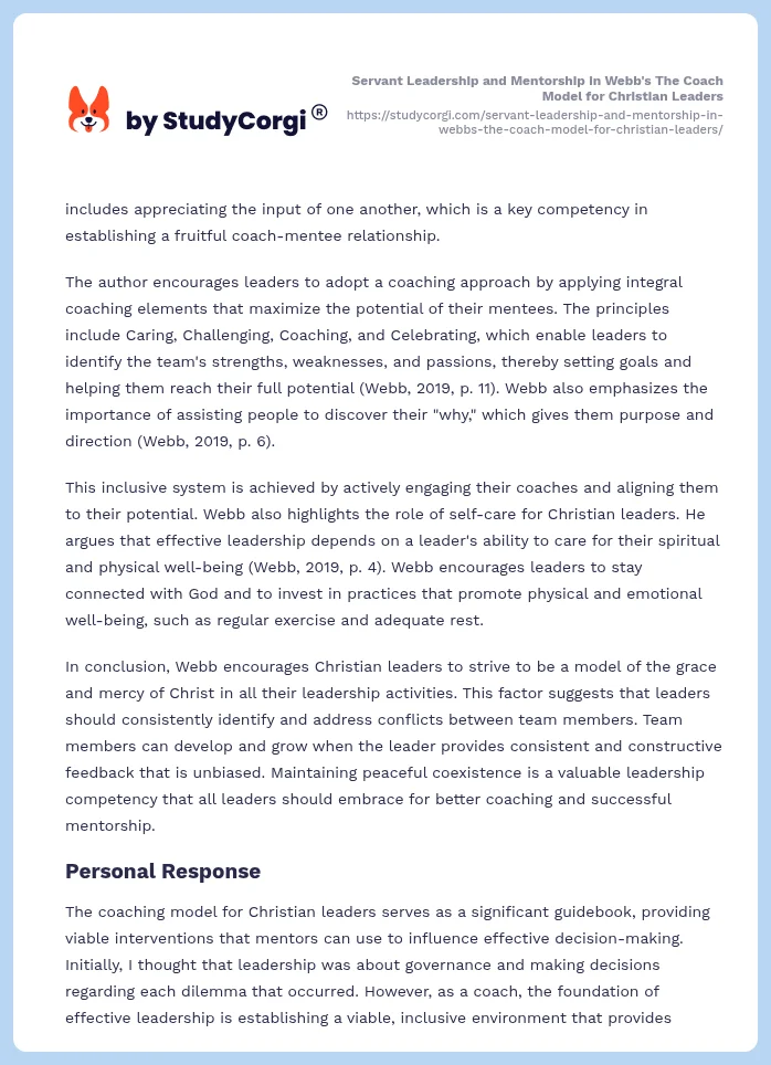 Servant Leadership and Mentorship in Webb's The Coach Model for Christian Leaders. Page 2