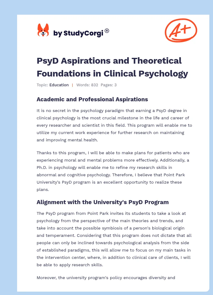 PsyD Aspirations and Theoretical Foundations in Clinical Psychology. Page 1