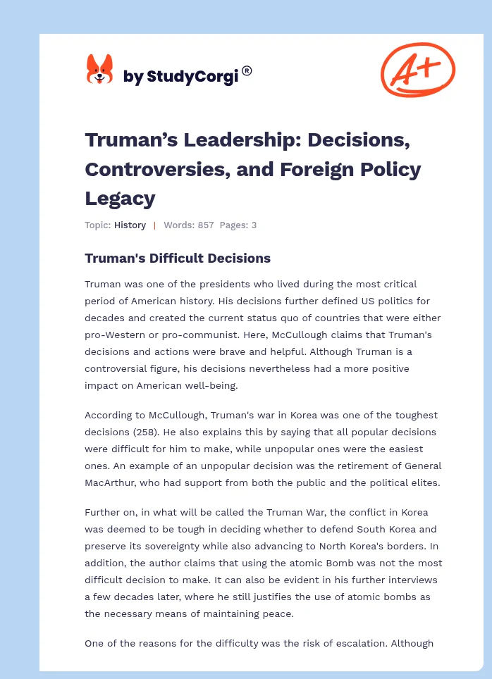 Truman’s Leadership: Decisions, Controversies, and Foreign Policy Legacy. Page 1