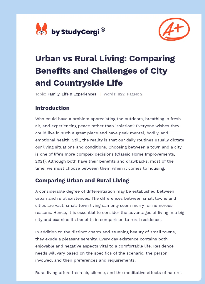 Urban vs Rural Living: Comparing Benefits and Challenges of City and Countryside Life. Page 1
