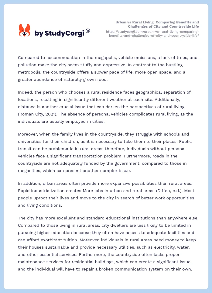 Urban vs Rural Living: Comparing Benefits and Challenges of City and Countryside Life. Page 2