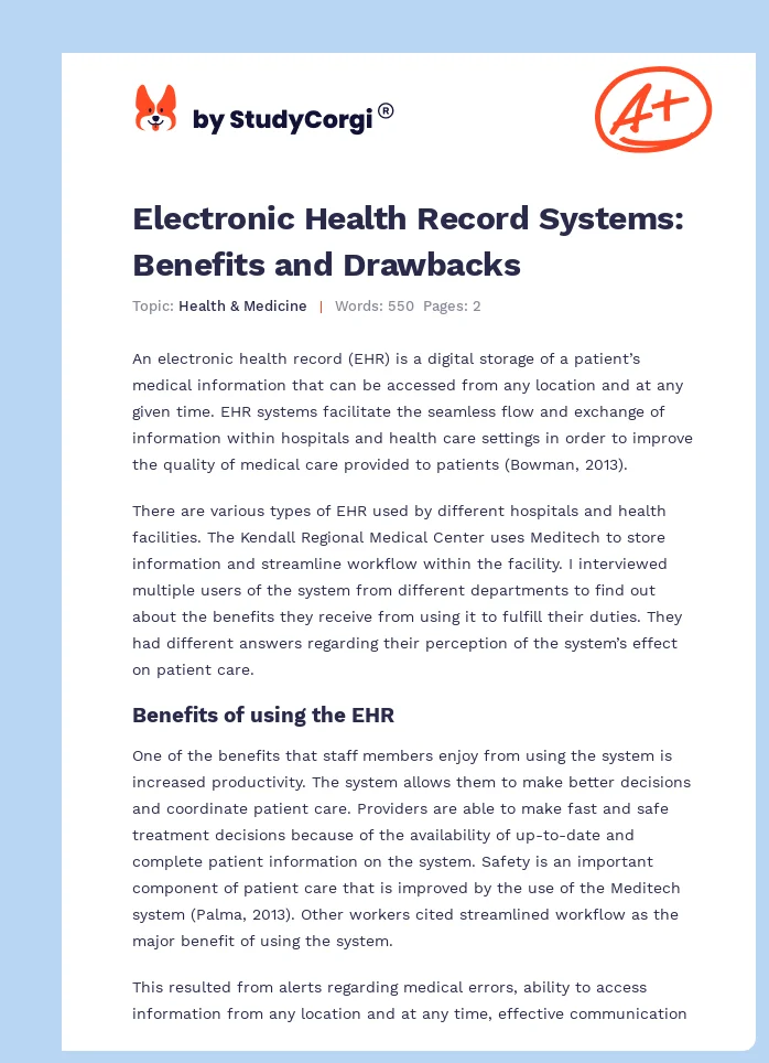 Electronic Health Record Systems: Benefits and Drawbacks. Page 1