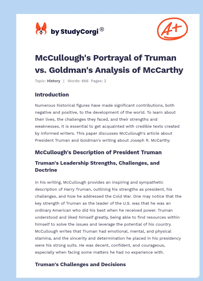McCullough's Portrayal of Truman vs. Goldman's Analysis of McCarthy. Page 1