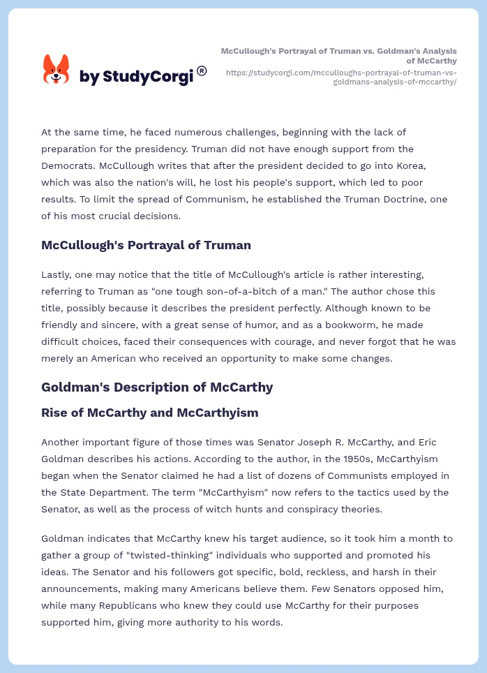 McCullough's Portrayal of Truman vs. Goldman's Analysis of McCarthy. Page 2